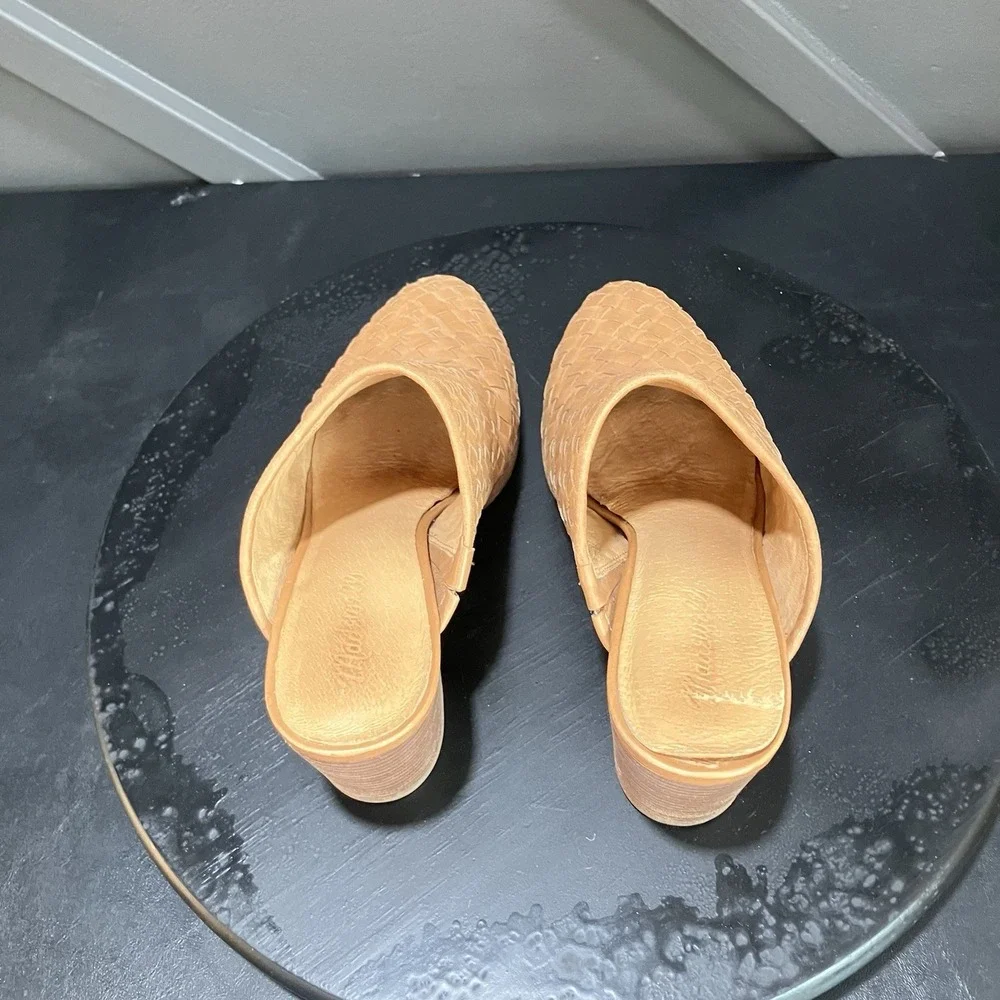 Madewell Womens 8.5 Woven Leather Mule Clogs Tan Brown Block Heel Slip On Shoes